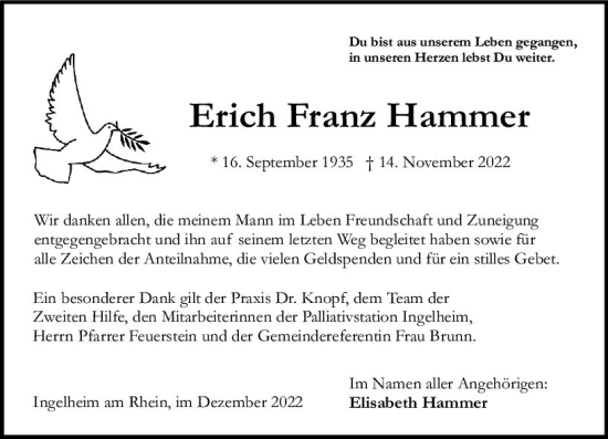 Traueranzeige von Erich Franz Hammer von vrm-trauer Allgemeine  Zeitung Ingelheim-Bingen