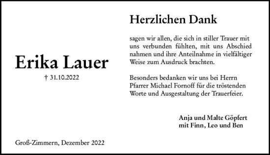 Traueranzeige von Erika Lauer von vrm-trauer DieburgerAnzeiger/Groß-Zimmerner Lokala