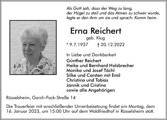 Traueranzeige von Erna Reichert von vrm-trauer Rüsselsheimer Echo / MainSpitze