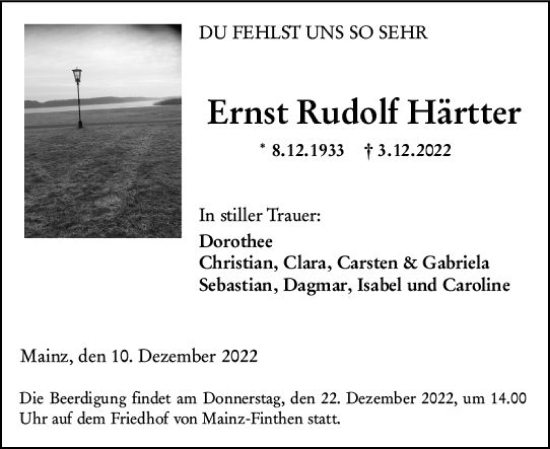 Traueranzeige von Ernst Rudolf Härtter von vrm-trauer AZ Mainz