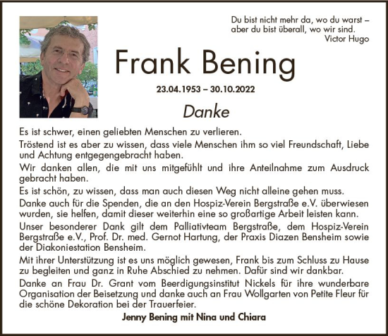 Traueranzeige von Frank Bening von vrm-trauer Bürstädter/Lamperth. Ztg/Starkenburger