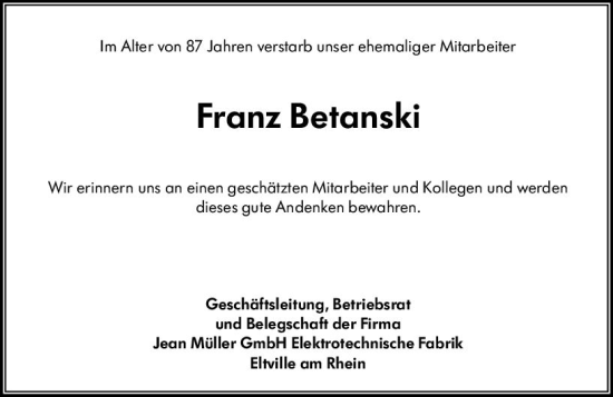 Traueranzeige von Franz Betanski von vrm-trauer Rheingau