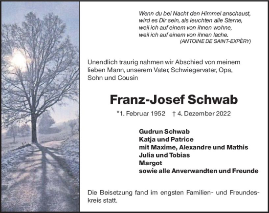 Traueranzeige von Franz-Josef Schwab von vrm-trauer Bürstädter/Lamperth. Ztg/Starkenburger