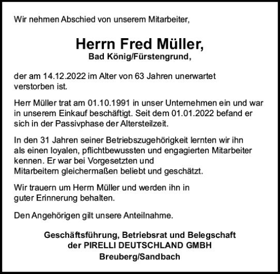 Traueranzeige von Fred Müller von vrm-trauer Odenwälder Echo