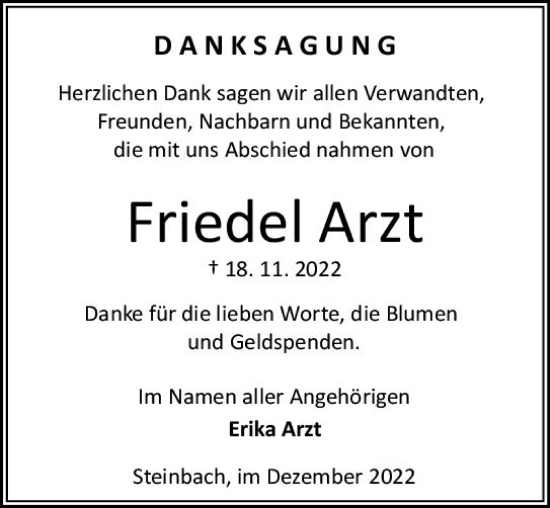Traueranzeige von Friedel Arzt von vrm-trauer Odenwälder Echo