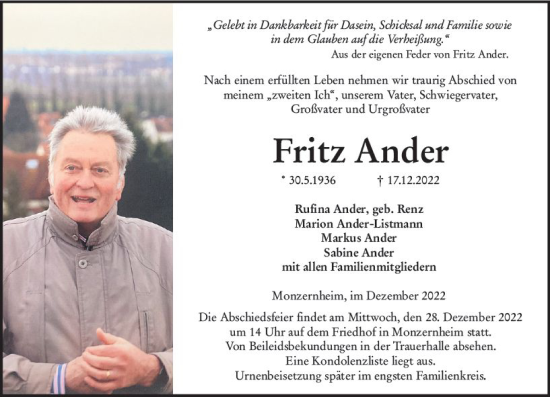 Traueranzeige von Fritz Ander von vrm-trauer Allgemeine Zeitung Alzey