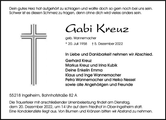 Traueranzeige von Gabi Kreuz von vrm-trauer Allgemeine  Zeitung Ingelheim-Bingen