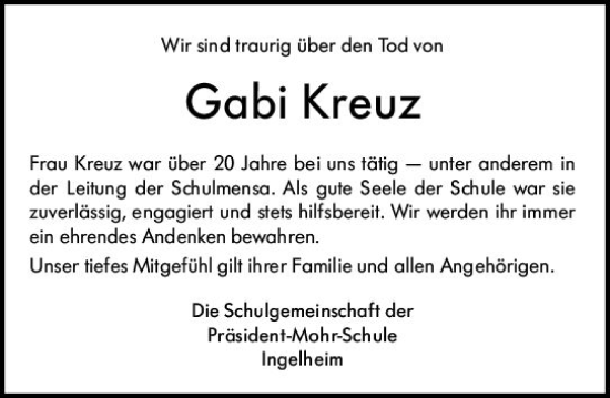 Traueranzeige von Gabi Kreuz von vrm-trauer Allgemeine  Zeitung Ingelheim-Bingen