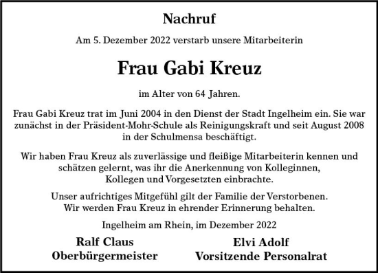 Traueranzeige von Gabi Kreuz von vrm-trauer Allgemeine  Zeitung Ingelheim-Bingen