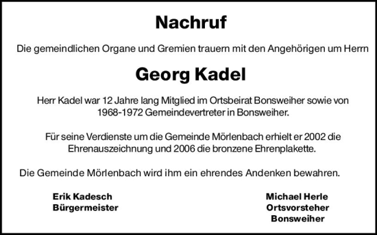 Traueranzeige von Georg Kadel von vrm-trauer Bürstädter/Lamperth. Ztg/Starkenburger