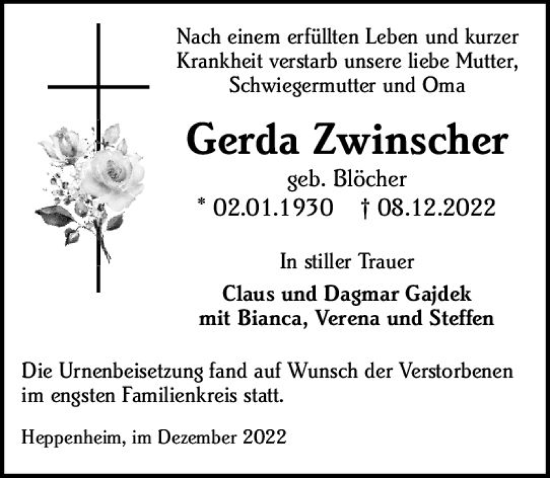 Traueranzeige von Gerda Zwinscher von vrm-trauer Bürstädter/Lamperth. Ztg/Starkenburger