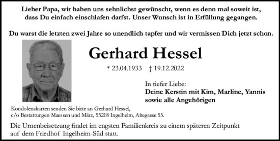 Traueranzeige von Gerhard Hessel von vrm-trauer Allgemeine  Zeitung Ingelheim-Bingen