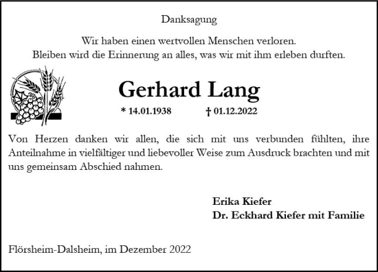 Traueranzeige von Gerhard Lang von vrm-trauer Wormser Zeitung