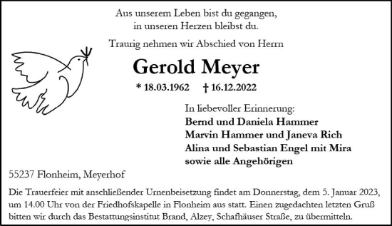 Traueranzeige von Gerold Meyer von vrm-trauer Allgemeine Zeitung Alzey