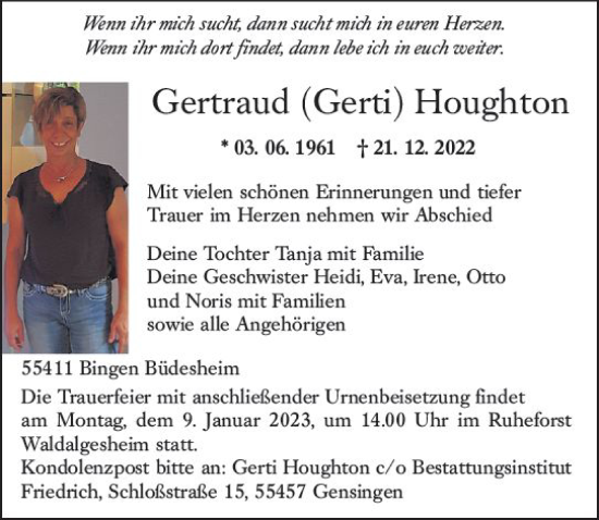 Traueranzeige von Gertraud  Houghton von vrm-trauer Neue Binger Zeitung