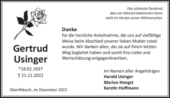 Traueranzeige von Gertrud Usinger von vrm-trauer Wiesbadener Kurier