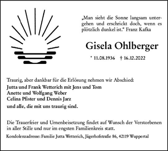 Traueranzeige von Gisela Ohlberger von vrm-trauer Darmstädter Echo