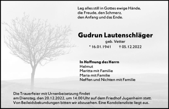 Traueranzeige von Gudrun Lautenschläger von vrm-trauer Darmstädter Echo
