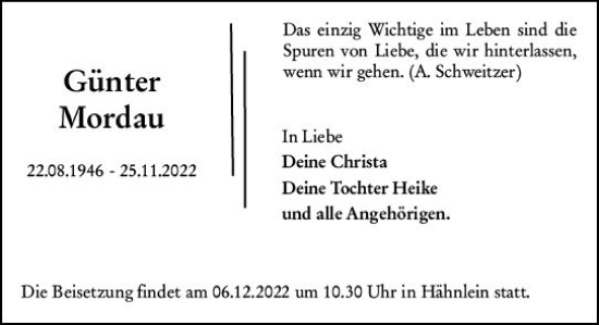Traueranzeige von Günter Mordau von vrm-trauer Darmstädter Echo