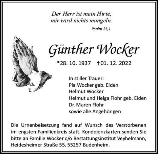 Traueranzeige von Günther Wocker von vrm-trauer AZ Mainz