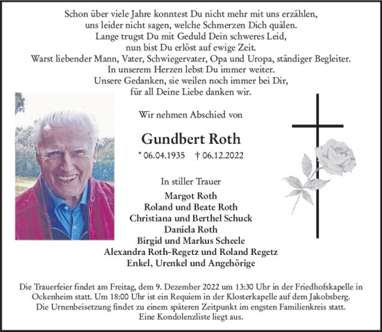 Traueranzeige von Gundbert Roth von vrm-trauer Allgemeine  Zeitung Ingelheim-Bingen