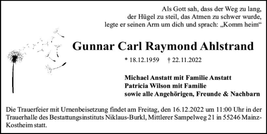 Traueranzeige von Gunnar Carl Raymond Ahlstrand von vrm-trauer AZ Mainz