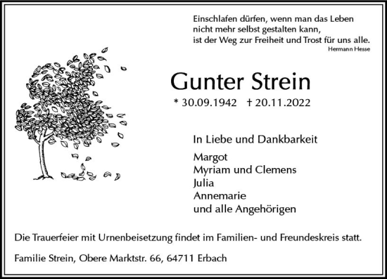 Traueranzeige von Gunter Strein von vrm-trauer Odenwälder Echo
