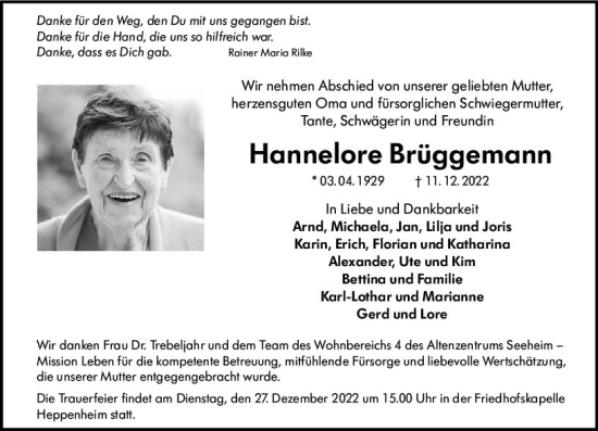 Traueranzeige von Hannelore Brüggemann von vrm-trauer Bürstädter/Lamperth. Ztg/Starkenburger