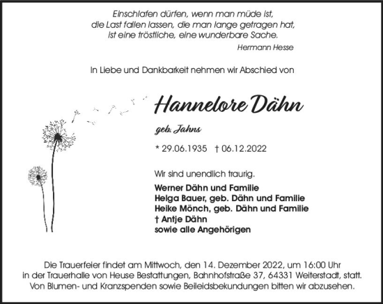 Traueranzeige von Hannelore Dähn von vrm-trauer Darmstädter Echo