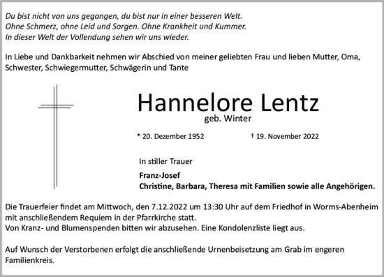 Traueranzeige von Hannelore Lentz von vrm-trauer Wormser Zeitung