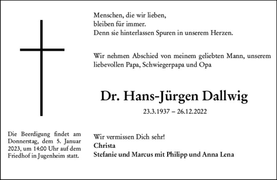 Traueranzeige von Hans-Jürgen Dallwig von vrm-trauer Darmstädter Echo