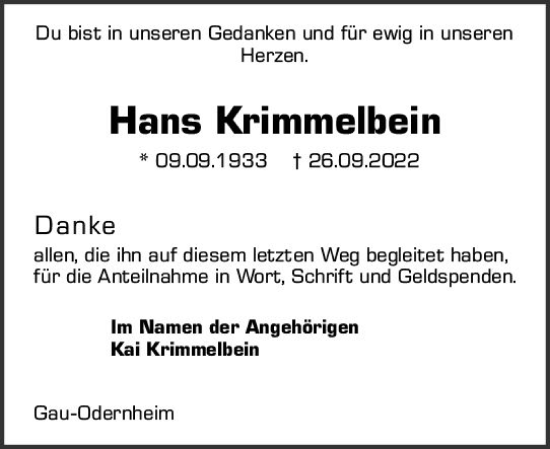 Traueranzeige von Hans Krimmelbein von vrm-trauer Allgemeine Zeitung Alzey