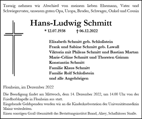 Traueranzeige von Hans-Ludwig Schmitt von vrm-trauer Allgemeine Zeitung Alzey