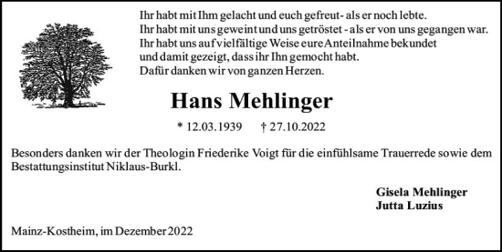 Traueranzeige von Hans Mehlinger von vrm-trauer AZ Mainz