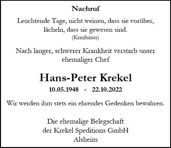 Traueranzeige von Hans-Peter Krekel von vrm-trauer Wormser Zeitung