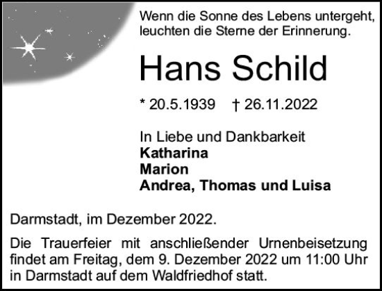 Traueranzeige von Hans Schild von vrm-trauer Darmstädter Echo