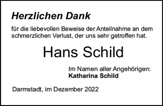 Traueranzeige von Hans Schild von vrm-trauer Darmstädter Echo