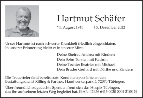 Traueranzeige von Hartmut Schäfer von vrm-trauer AZ Mainz