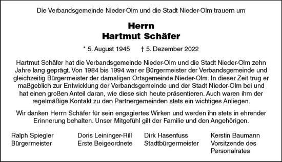 Traueranzeige von Hartmut Schäfer von vrm-trauer AZ Mainz