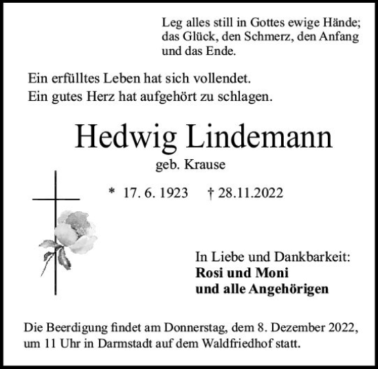 Traueranzeige von Hedwig Lindemann von vrm-trauer Darmstädter Echo