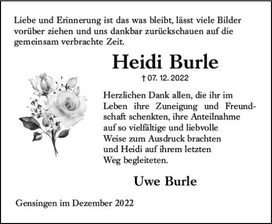 Traueranzeige von Heidi Burle von vrm-trauer Allgemeine  Zeitung Ingelheim-Bingen