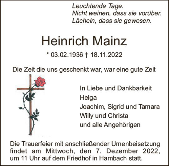 Traueranzeige von Heinrich Mainz von vrm-trauer Bürstädter/Lamperth. Ztg/Starkenburger