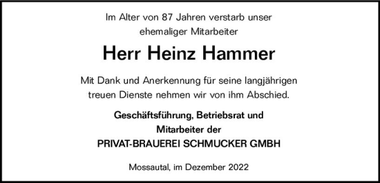 Traueranzeige von Heinz Hammer von vrm-trauer Odenwälder Echo