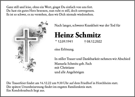 Traueranzeige von Heinz Schmitz von vrm-trauer Wormser Zeitung