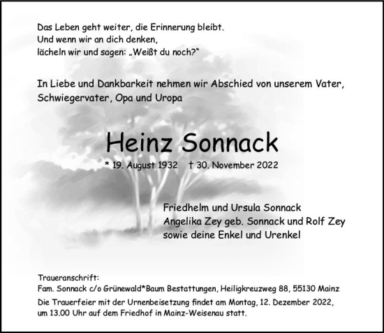 Traueranzeige von Heinz Sonnack von vrm-trauer AZ Mainz