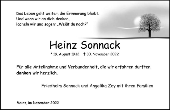 Traueranzeige von Heinz Sonnack von vrm-trauer AZ Mainz