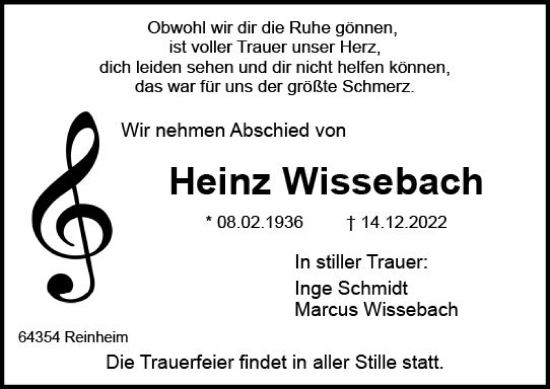 Traueranzeige von Heinz Wissebach von vrm-trauer Darmstädter Echo