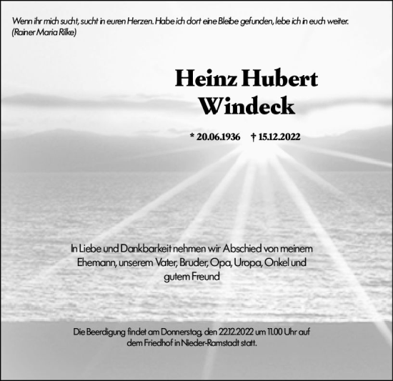 Traueranzeige von Heinz Hubert Windeck von vrm-trauer Darmstädter Echo
