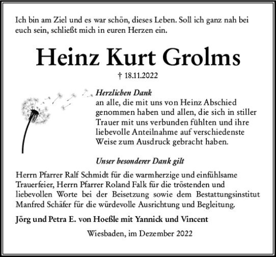 Traueranzeige von Heinz Kurt Grolms von vrm-trauer Wiesbadener Kurier