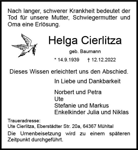 Traueranzeige von Helga Cierlitza von vrm-trauer Darmstädter Echo